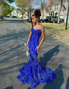 Elegant Royal Blue Sequin Beaded Appliques Mermaid Prom Dress Evening Dress
