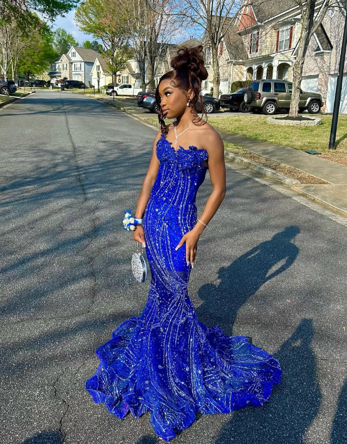 Elegant Royal Blue Sequin Beaded Appliques Mermaid Prom Dress Evening Dress