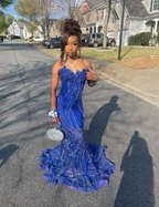 Elegant Royal Blue Sequin Beaded Appliques Mermaid Prom Dress Evening Dress