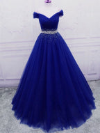 Elegant Royal Blue Tulle Sequins Prom Dress 2026, A-Line Long Party Dress