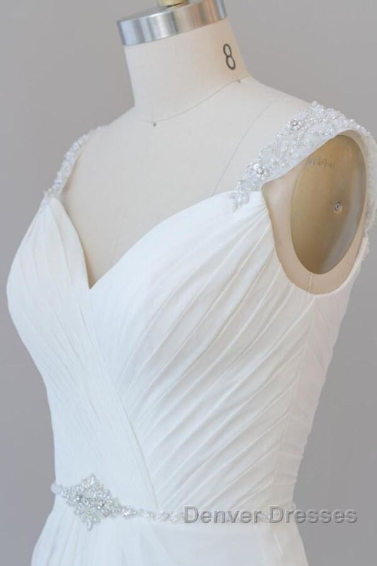 Elegant Ruffle Beading Chiffon Sheath Wedding Dress
