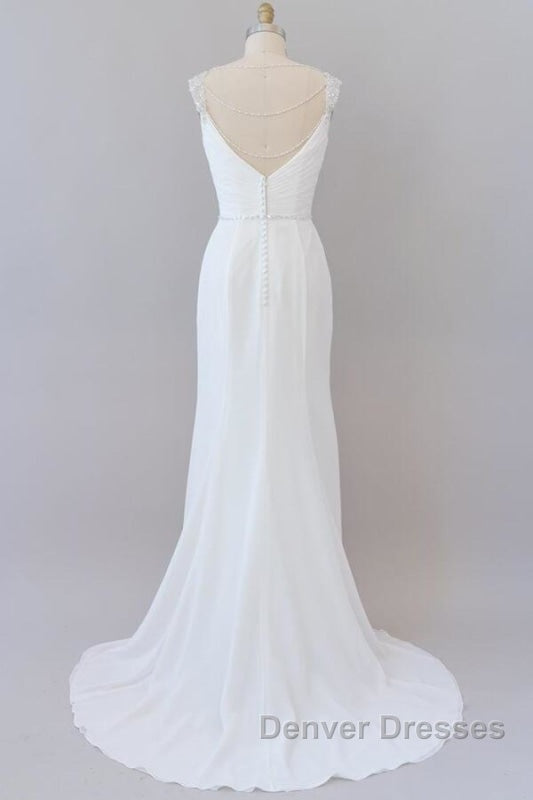 Elegant Ruffle Beading Chiffon Sheath Wedding Dress