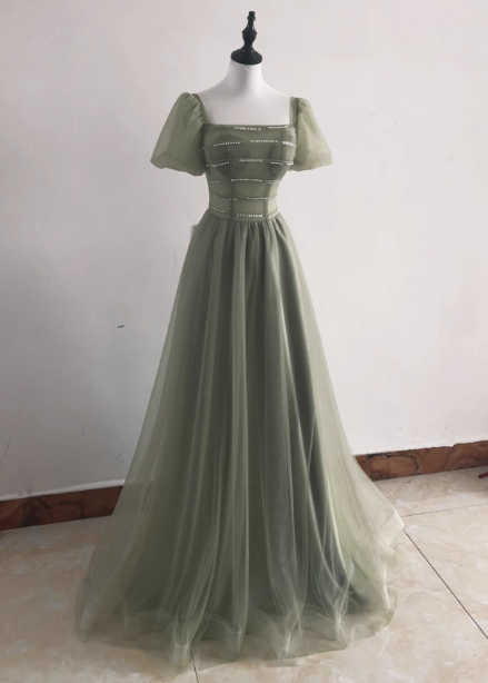 Elegant Sage Green A-Line Square Neck Short Sleeve Tulle Long Prom Dress Evening Dress Secondary image
