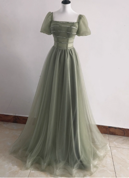 Elegant Sage Green A-Line Square Neck Short Sleeve Tulle Long Prom Dress Evening Dress Main image