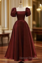 Elegant Satin A Line Ankle-length Short Sleeve Evening Dress with Ruching