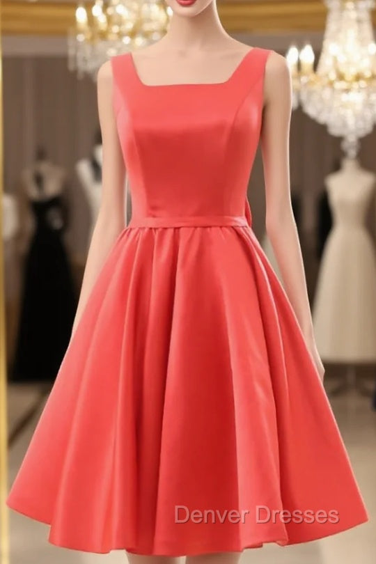 Elegant Satin Red School Homecoming Dress Backless Bowknot Knee Length Main image