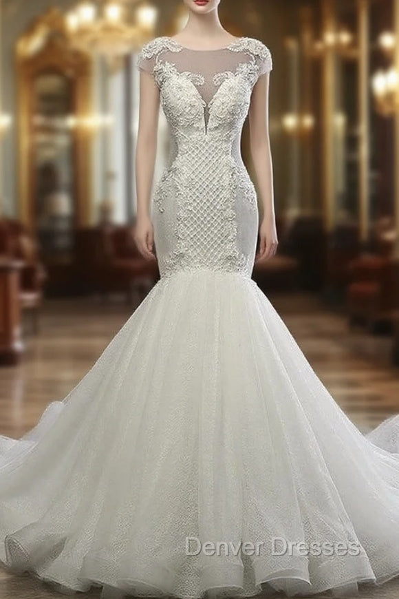 Elegant Scoop Neck Wedding Dress Mermaid Lace-up Lace Appliques Wedding Dress Main image