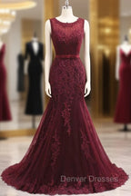 Elegant Scoop Sleeveless Tulle Mermaid Appliques Sequins Zipper Prom Dress