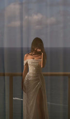 Elegant Sheath Off The Shoulder Sequin Slit Prom Dress Birthday Outfits With Ruffles