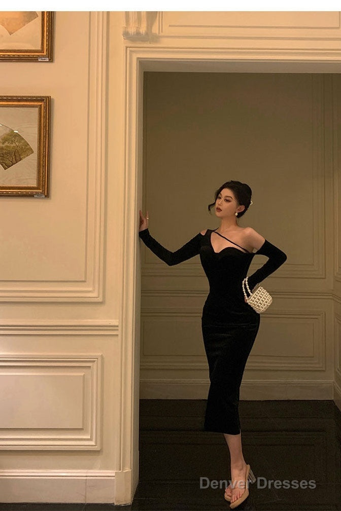 Elegant Sheath One Shoulder Black Prom Dresses Birthday Outfits Evening Gown