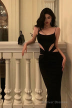 Elegant Sheath Spaghetti Straps Black Prom Dresses Birthday Outfits Evening Gown