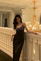 Elegant Sheath Spaghetti Straps Black Satin Prom Dresses Birthday Outfits Evening Gown