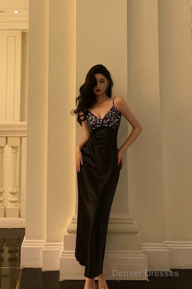 Elegant Sheath Spaghetti Straps Black Satin Prom Dresses Birthday Outfits Evening Gown Main image