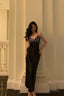 Elegant Sheath Spaghetti Straps Black Satin Prom Dresses Birthday Outfits Evening Gown