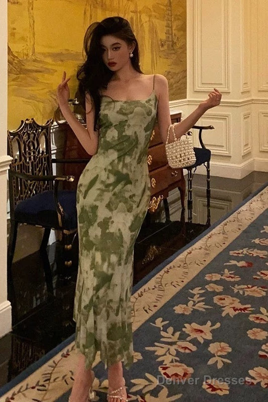 Elegant Sheath Spaghetti Straps Floral Green Prom Dresses Birthday Outfits Evening Gown