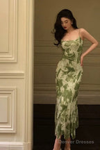 Elegant Sheath Spaghetti Straps Floral Green Prom Dresses Birthday Outfits Evening Gown