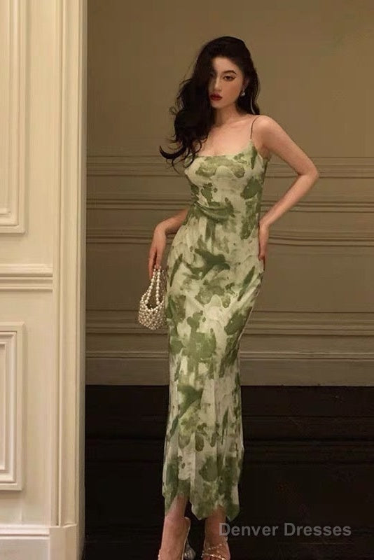 Elegant Sheath Spaghetti Straps Floral Green Prom Dresses Birthday Outfits Evening Gown Main image