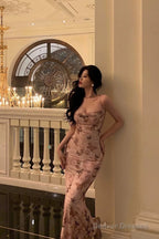 Elegant Sheath Spaghetti Straps Floral Pink Prom Dresses Birthday Outfits Evening Gown