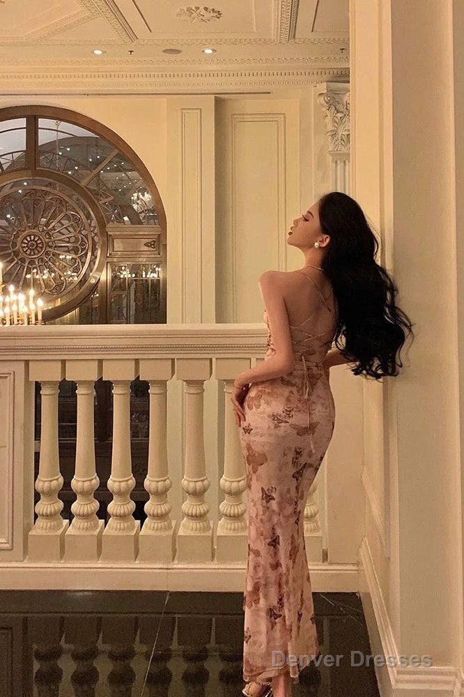 Elegant Sheath Spaghetti Straps Floral Pink Prom Dresses Birthday Outfits Evening Gown