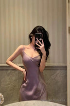 Elegant Sheath Spaghetti Straps Lilac Long Satin Prom Dresses Birthday Outfits Evening Gown