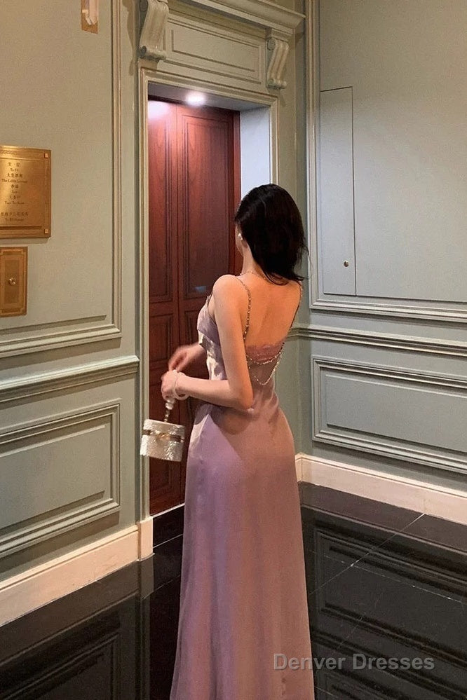 Elegant Sheath Spaghetti Straps Lilac Long Satin Prom Dresses Birthday Outfits Evening Gown
