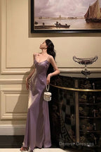 Elegant Sheath Spaghetti Straps Lilac Long Satin Prom Dresses Birthday Outfits Evening Gown