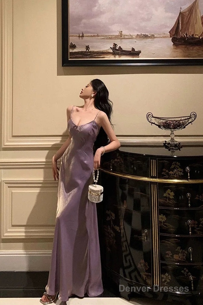 Elegant Sheath Spaghetti Straps Lilac Long Satin Prom Dresses Birthday Outfits Evening Gown Main image