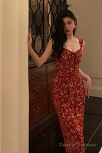 Elegant Sheath Spaghetti Straps Red Floral Prom Dresses Birthday Outfits Evening Gown