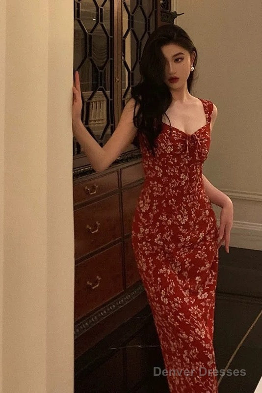 Elegant Sheath Spaghetti Straps Red Floral Prom Dresses Birthday Outfits Evening Gown