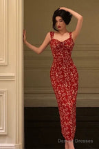 Elegant Sheath Spaghetti Straps Red Floral Prom Dresses Birthday Outfits Evening Gown