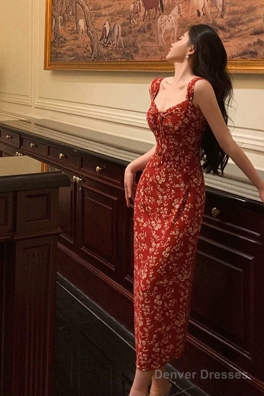 Elegant Sheath Spaghetti Straps Red Floral Prom Dresses Birthday Outfits Evening Gown