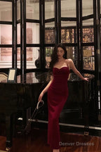 Elegant Sheath Spaghetti Straps Red Velvet Prom Dresses Birthday Outfits Evening Gown