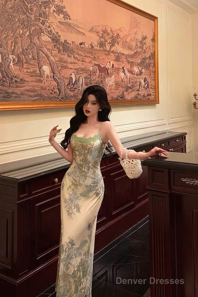 Elegant Sheath Spaghetti Straps Sage Green Floral Prom Dresses Birthday Outfits Evening Gown