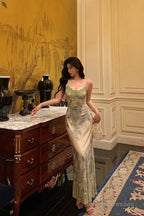 Elegant Sheath Spaghetti Straps Sage Green Floral Prom Dresses Birthday Outfits Evening Gown