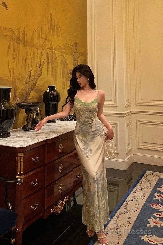 Elegant Sheath Spaghetti Straps Sage Green Floral Prom Dresses Birthday Outfits Evening Gown