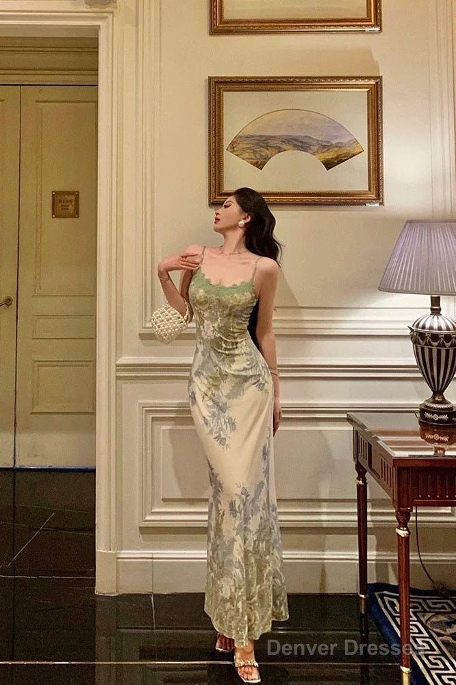 Elegant Sheath Spaghetti Straps Sage Green Floral Prom Dresses Birthday Outfits Evening Gown Main image