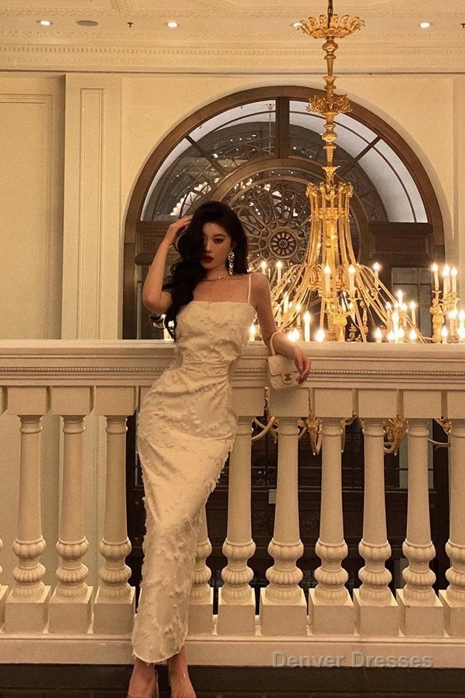 Elegant Sheath Spaghetti Straps White Prom Dresses Birthday Outfits Evening Gown