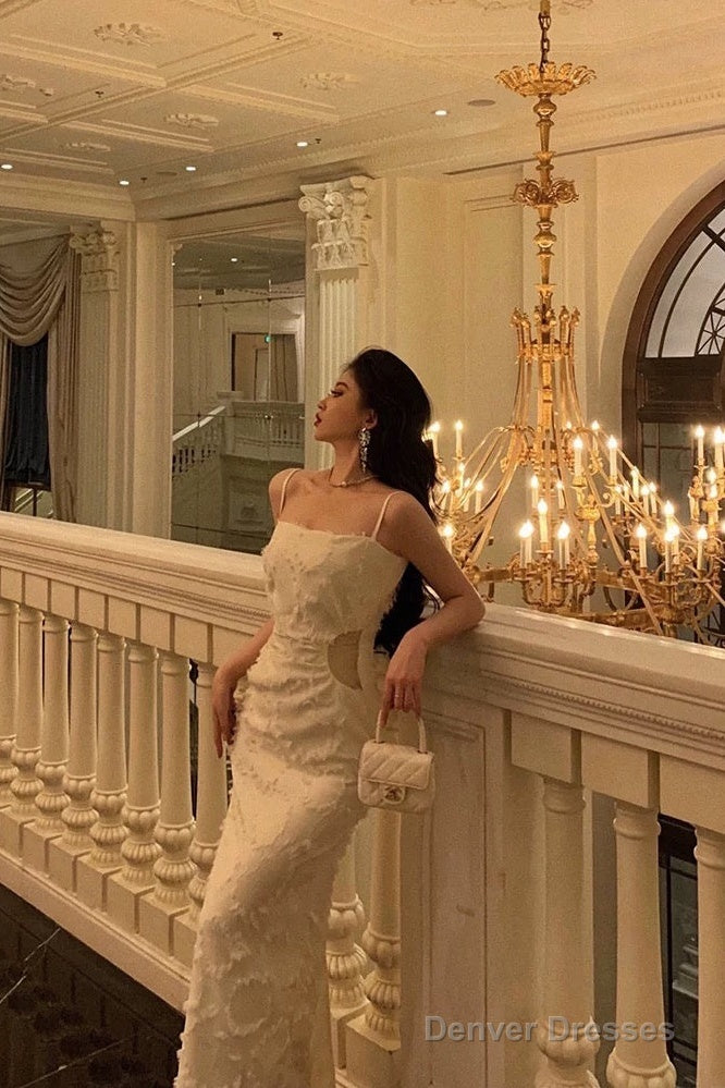 Elegant Sheath Spaghetti Straps White Prom Dresses Birthday Outfits Evening Gown