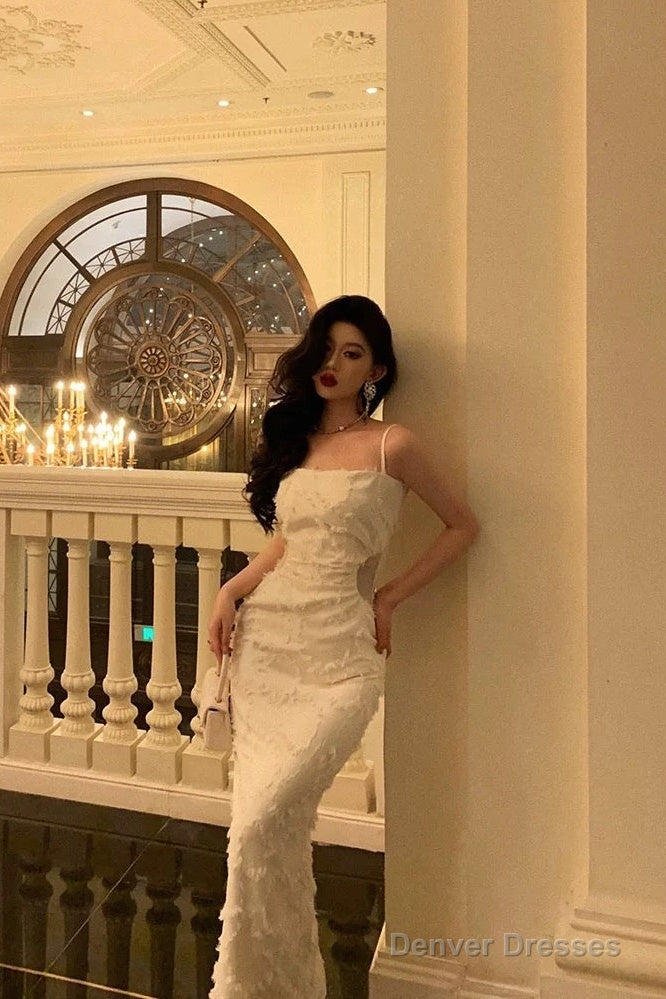 Elegant Sheath Spaghetti Straps White Prom Dresses Birthday Outfits Evening Gown