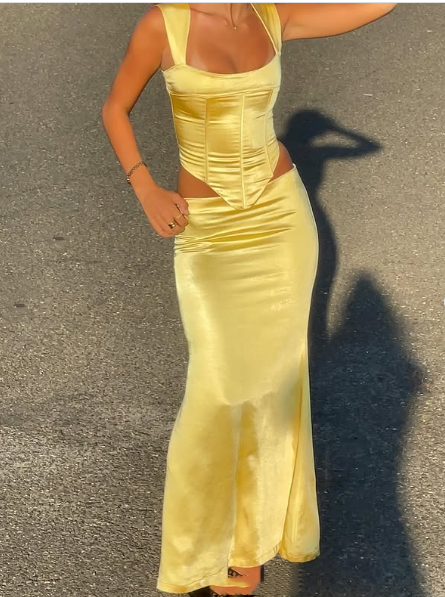 Elegant Sheath Square Neckline 2 Pieces Floor-Length Satin Long Yellow Evening Dress Prom Dress Secondary image
