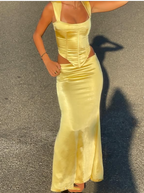 Elegant Sheath Square Neckline 2 Pieces Floor-Length Satin Long Yellow Evening Dress Prom Dress