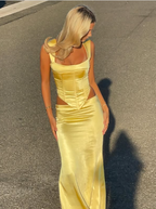 Elegant Sheath Square Neckline 2 Pieces Floor-Length Satin Long Yellow Evening Dress Prom Dress