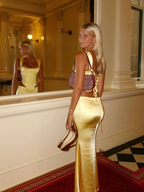 Elegant Sheath Square Neckline 2 Pieces Floor-Length Satin Long Yellow Evening Dress Prom Dress