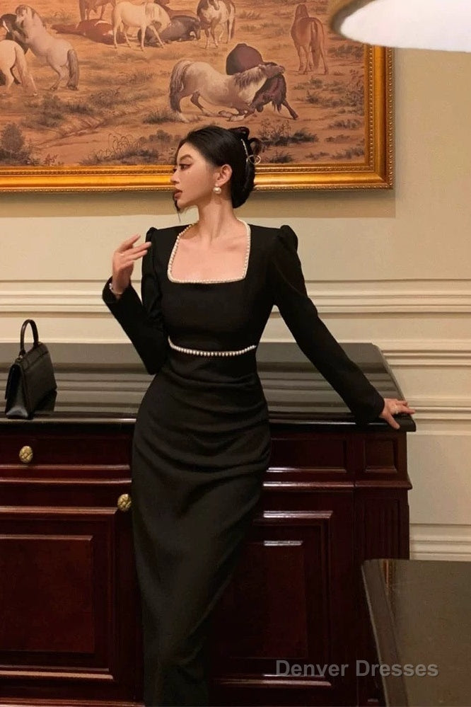 Elegant Sheath Square Neckline Black Velvet Prom Dresses Birthday Outfits Evening Gown