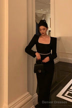 Elegant Sheath Square Neckline Black Velvet Prom Dresses Birthday Outfits Evening Gown