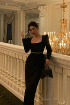 Elegant Sheath Square Neckline Black Velvet Prom Dresses Birthday Outfits Evening Gown