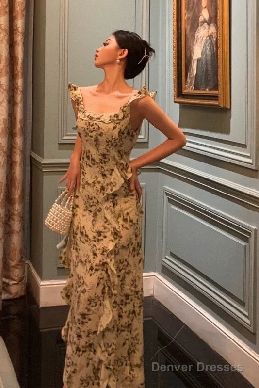 Elegant Sheath Square Neckline Floral Slit Prom Dresses Birthday Outfits Evening Gown Main image