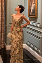 Elegant Sheath Square Neckline Floral Slit Prom Dresses Birthday Outfits Evening Gown