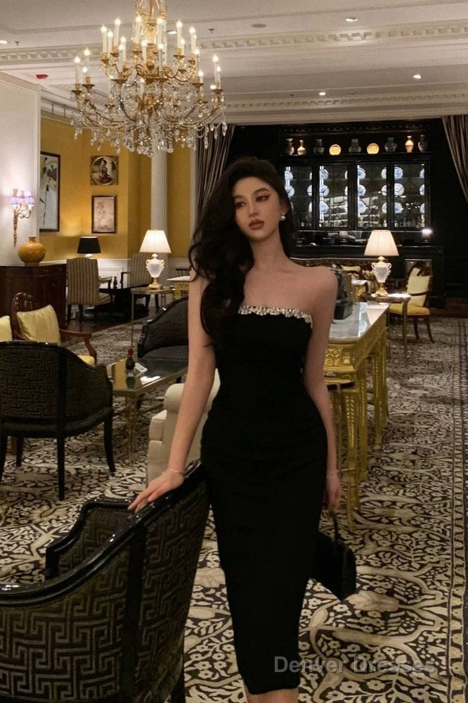 Elegant Sheath Strapless Black Prom Dresses Beads Birthday Outfits Evening Gown Secondary image