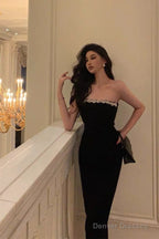 Elegant Sheath Strapless Black Prom Dresses Beads Birthday Outfits Evening Gown